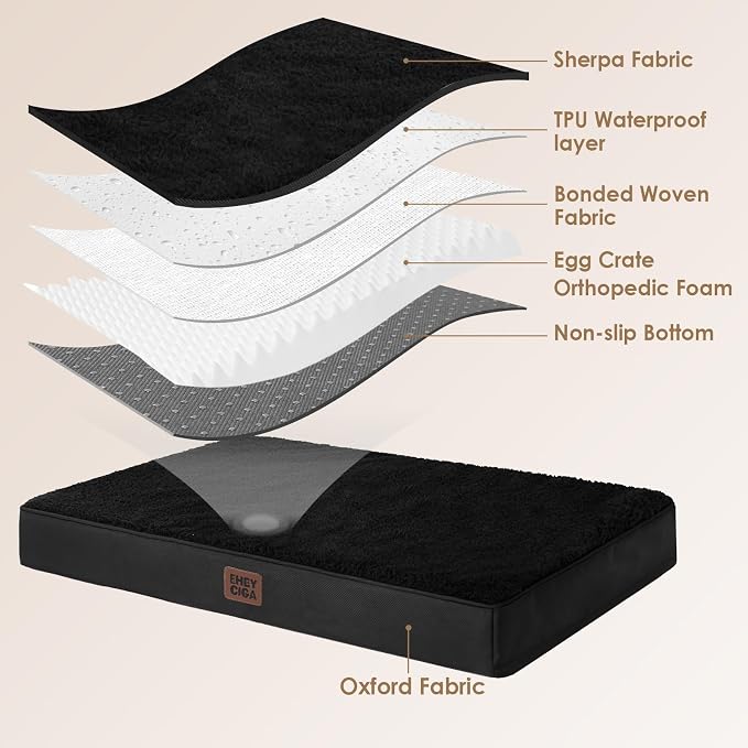 EHEYCIGA Orthopedic Dog Bed Large with Removable Washable Cover,Black,35x23 | Egg Crate Foam Support,Durable Oxford fabric,Non-Slip Bottom,Machine Washable,Soft Waterproof Plush Pet Bed Mat For Crate