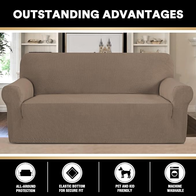 Stretch Sofa Cover Slipcover 1-Piece, Spandex Jacquard Fabric Universal Couch Cover for 3 Cushion, Washable Non Slip Sofa Cover, Pet Friendly (XL Sofa 89"-105",Macchiato)