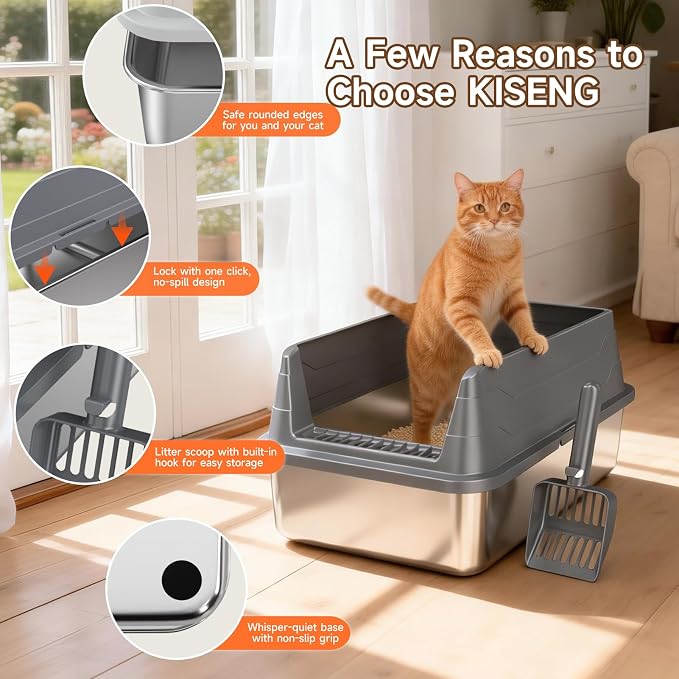 Stainless Steel Cat Litter Box Low Entry Litter Pan Include Scoop | Odor Free Metal High Sides Lid Open Top Easy Cleaning Anti-Scratc Anti-Urine Leakage Non-Sticky