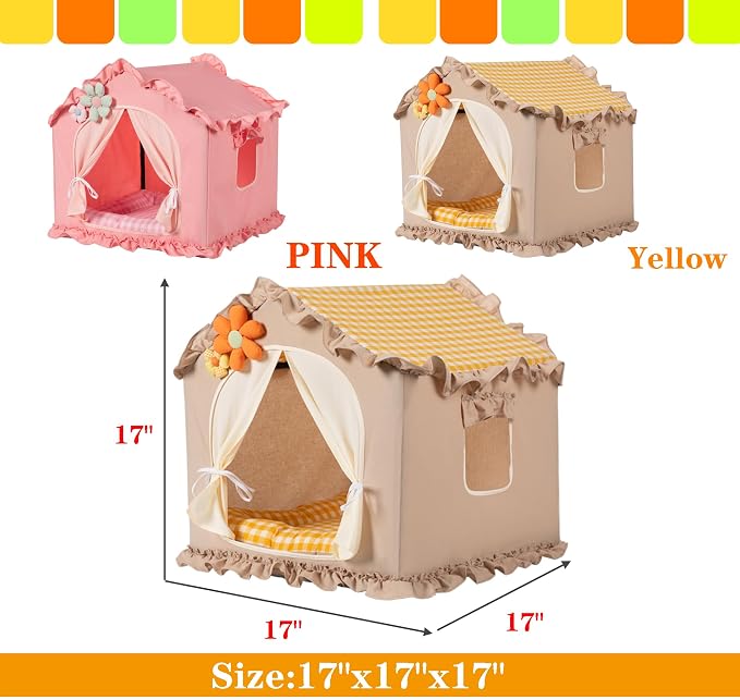 Yellow Indoor Cat House with Frame and Princess Style Cat Houses for Indoor Cats, Washable Cat Bed & Cat Tent, M Size (17×17×17 Inches) for 8-20 lbs. Pets.