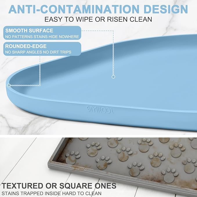 SMILOOL Silicone Pet Food Mat with Raised Edge for Food and Water Bowl, Dog Feeding Mats, Cat Food Trays for Floor Waterproof, Rubber Tray for Dogs and Cats, 19 x 12 x 0.7 Light Blue