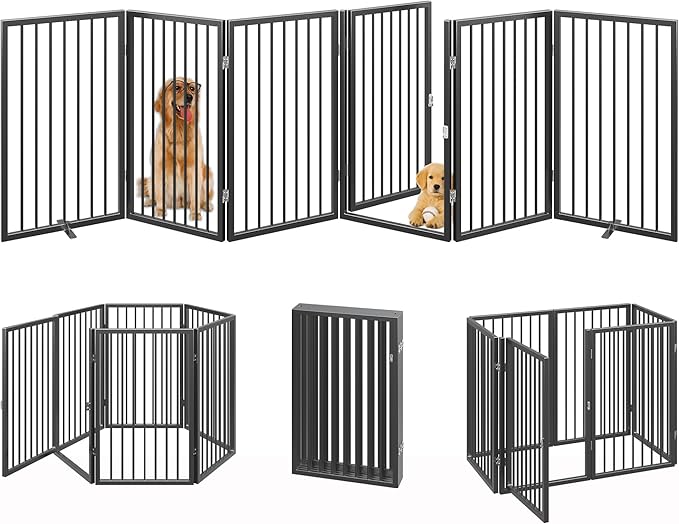 Vantas 120" x 32" Foldable Freestanding Extra Wide Dog Gate with Door,Black | Pet Gate for Stairs and Doorways, Renter Friendly No Drill, Indoor Pet Fence Extra Wide, Easy Storage, With Support Feet