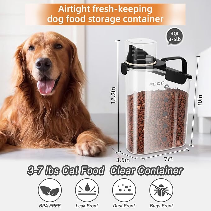 LEAWALK Airtight Small Cat Dog Pet Food Storage Containers BPA Free, with Large Pour Spout/1 Measuring Cup/ 4 Safety Locks and Double-layer Silicone Strip (Black X 2, 3L-2pack)