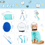 8 Pcs Cat Muzzle Set with Adjustable Cat Bathing Bag, Breathable Muzzle Pet for Shower Grooming Brush Tick Remover Tool Nail Clipper Nail File for Dog, Bunny Cleaning Trimming(L Size,Blue)