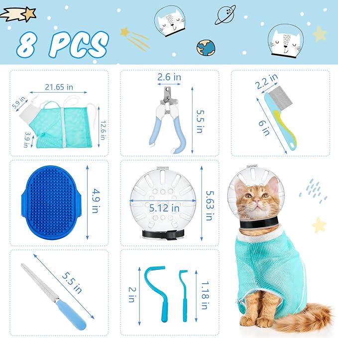 8 Pcs Cat Muzzle Set with Adjustable Cat Bathing Bag, Breathable Muzzle Pet for Shower Grooming Brush Tick Remover Tool Nail Clipper Nail File for Dog, Bunny Cleaning Trimming(L Size,Blue)