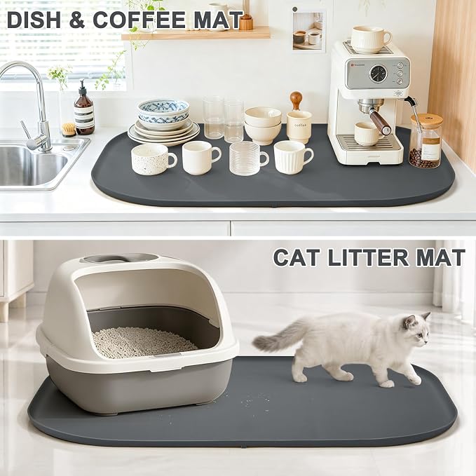 SMILOOL 36" x 24" x 1" Extra Large Silicone Pet Food Mat with Raised Edge for Food and Water Bowl, Dog Feeding Mats, Cat Food Trays for Floor Waterproof, Rubber Tray for Dogs and Cats, Dark Gray