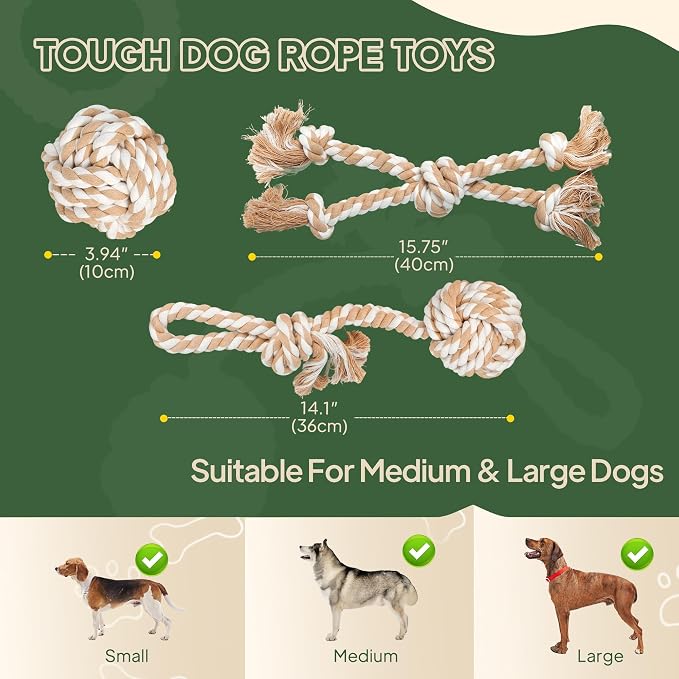 TwoEar Dog Rope Toys for Large Dogs - 3 Pack Dog Chew Toys | Indestructible Natural Cotton Rope Toys for Dogs - Tough Chew Tug of War Dog Toy for Boredom, Teeth Clean