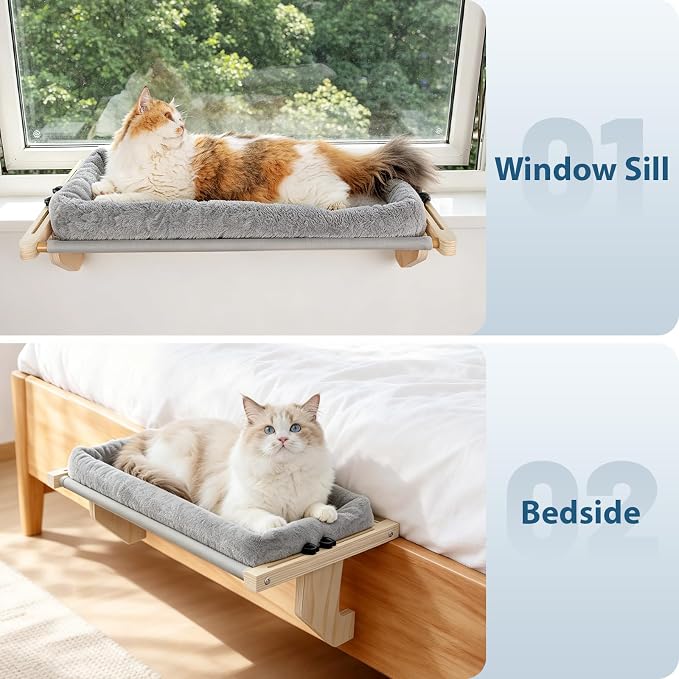 Cat Sill Window Perch - 100% Natural Pine Frame, Soft Plush Fleece Cushion, Tool-Free Adjustment, Supports 55 lbs (Extra Large-Grey)