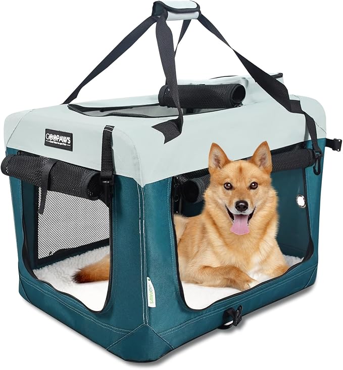 JESPET Soft Dog Crates Kennel for Pets, 3 Door Soft Sided Folding Travel Pet Carrier with Straps and Fleece Mat for Dogs, Cats (8-Teal Blue, Large(30" L x 21" W x 23" H))