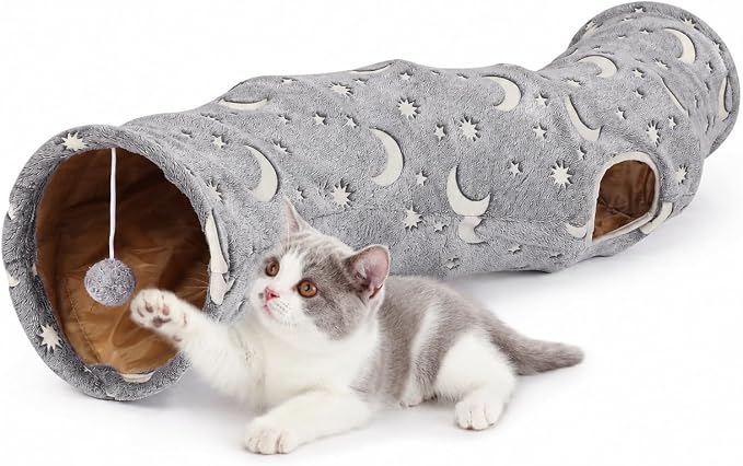Cat Tunnel Tube with Plush Ball Toys Collapsible Self-Luminous Photoluminescence, for Small Pets Bunny Rabbits, Kittens, Ferrets,Puppy and Dogs Grey Moon Star (S-Shape)