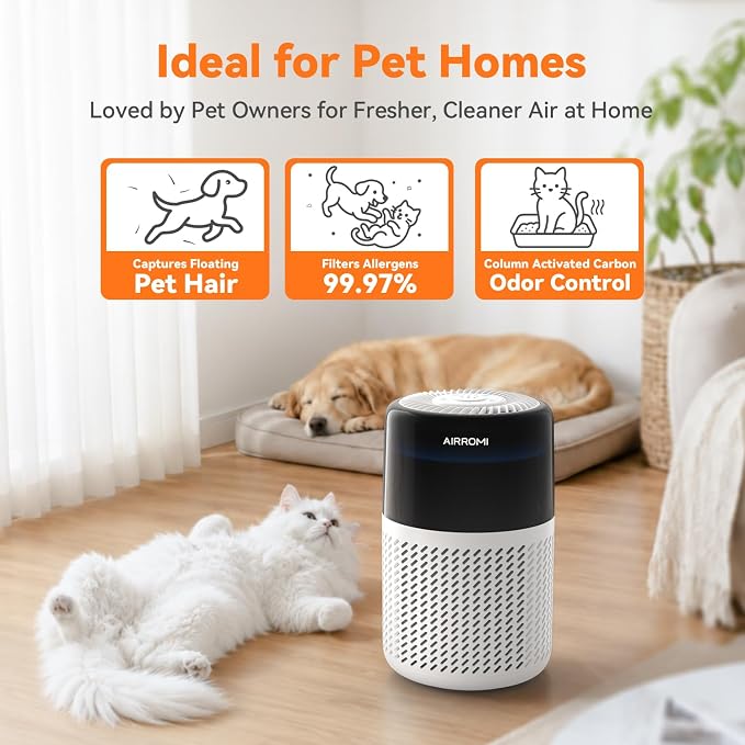 AIRROMI HEPA Air Purifier for Bedroom&Home,Pet Air Purifier for Home Pets,Removes Pet Odor,Cat Litter Smell,Dust,Smoke&Allergies,Quiet Room Air Purifier with Scents,360°Air Cleaner,A2005 White