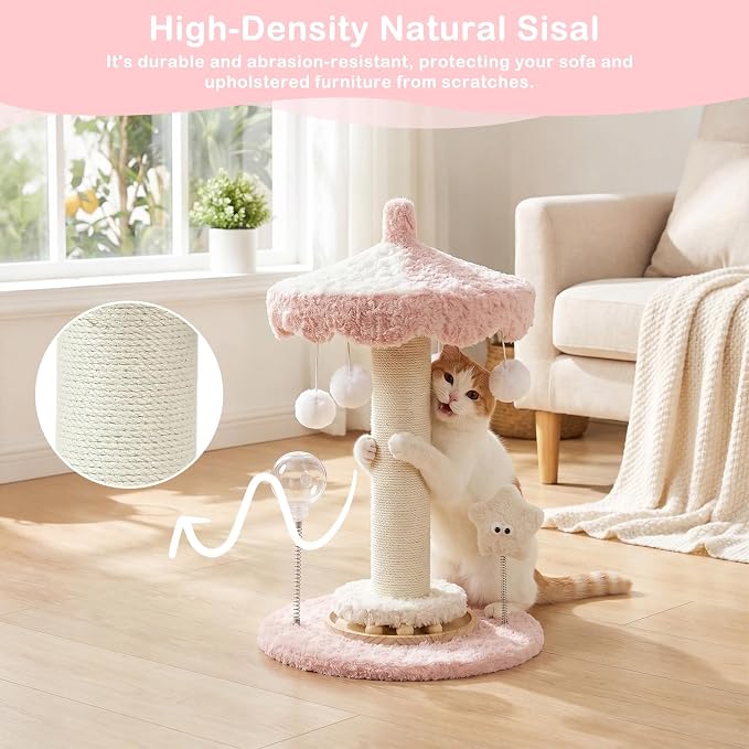 Kitten Scratching Post, Cute Pink Cat Scratcher Sisal | Rotating Canopy, Hanging Balls, Ball Track, Star-Shaped Talking Toy, Snack Balls, 24'', for Indoor for Kittens Adults Cats