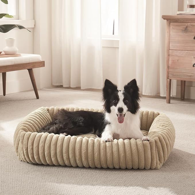 FURTIME Dog Bed for Small Dogs, Washable Orthopedic Dog Bed with Removable Cover, Rectangle Soft Calming Sleeping Puppy Bed Durable Pet Cuddler with Anti-Slip Bottom, Beige, S (20"x19"x6")