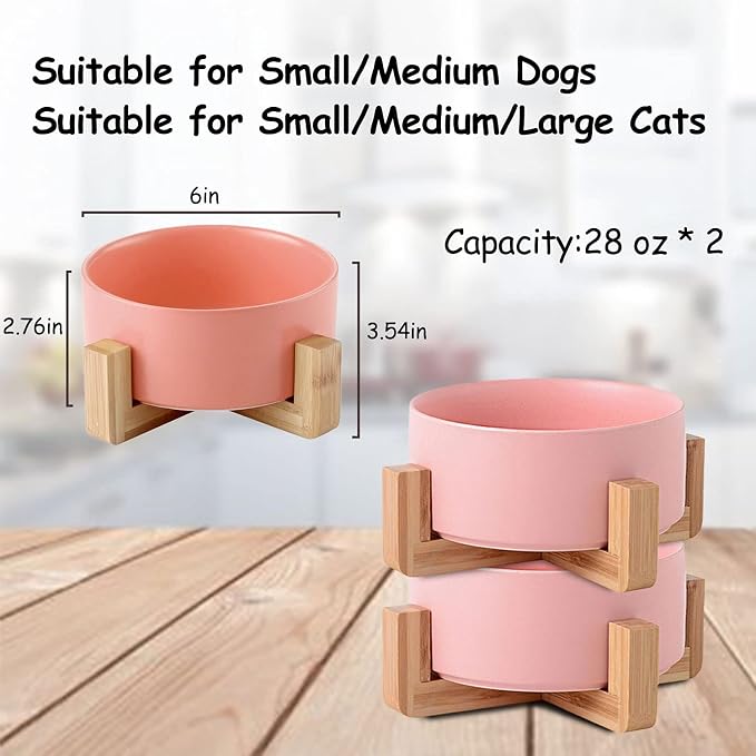 Petygooing Pink Ceramic Dog Cat Bowl Set with Stand, Pet Food and Water Dish,Medium Dog Bowls Anti Slip Set of 2 Cat Bowls Pet Food Bowl- Pet Dishes Small Medium Size Pet (28 OZ /3.6 Cups)