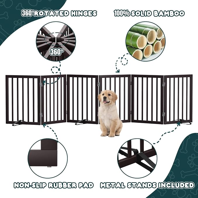 Semiocthome Bamboo Dog Gates for The House Extra Wide, 6-Panel Freestanding Pet Gates with 4PCS Metal Stands for Doorways and Stairs, 24“H Foldable Dog Fences Indoor, Expands Up to 110" (W) Espresso