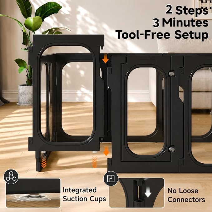 Acrylic Clear Dog Playpen Indoor with Door, 26'' H Transparent Dog Play Pen for Small Dogs, No-Connector Modular Puppy Playpen with Integrated Suction Cups Base, 12 Panels, Black
