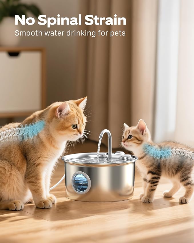 Cat Water Fountain Stainless Steel: Cat Fountain for Drinking - 88oz/2.6L Pet Water Fountain for Cats Indoor - Quiet Cats Water Bowl Dispenser - Pets Feeding & Watering Supplies - for Small Animals