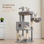 Heybly Cat Tree, 45.3" Cat Tower for Indoor Cats with Large Perch HCT202SW | All-in-One Cat Furniture with Cozy Bed, Hidden Space Cat Condo, Comfy Hammock, Scratching Posts & 3 Pompoms, Light Gray