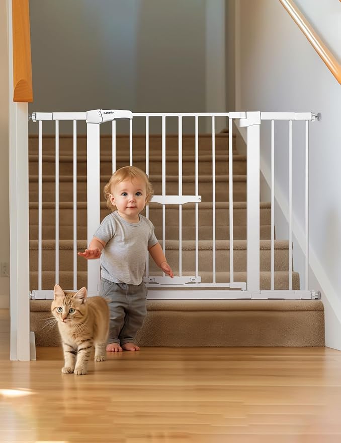 Babelio 29-48" Extra Wide Baby Gate with Cat Door, Auto Close Metal Pet Door for Stairs, Doorways, House, Pressure/Hardware Mounted, Easy Walk Thru, White | Auto-Close Metal Pet Door for Stairs, Doorways & House, Pressure/Hardware Mounted, Easy Walk Th...