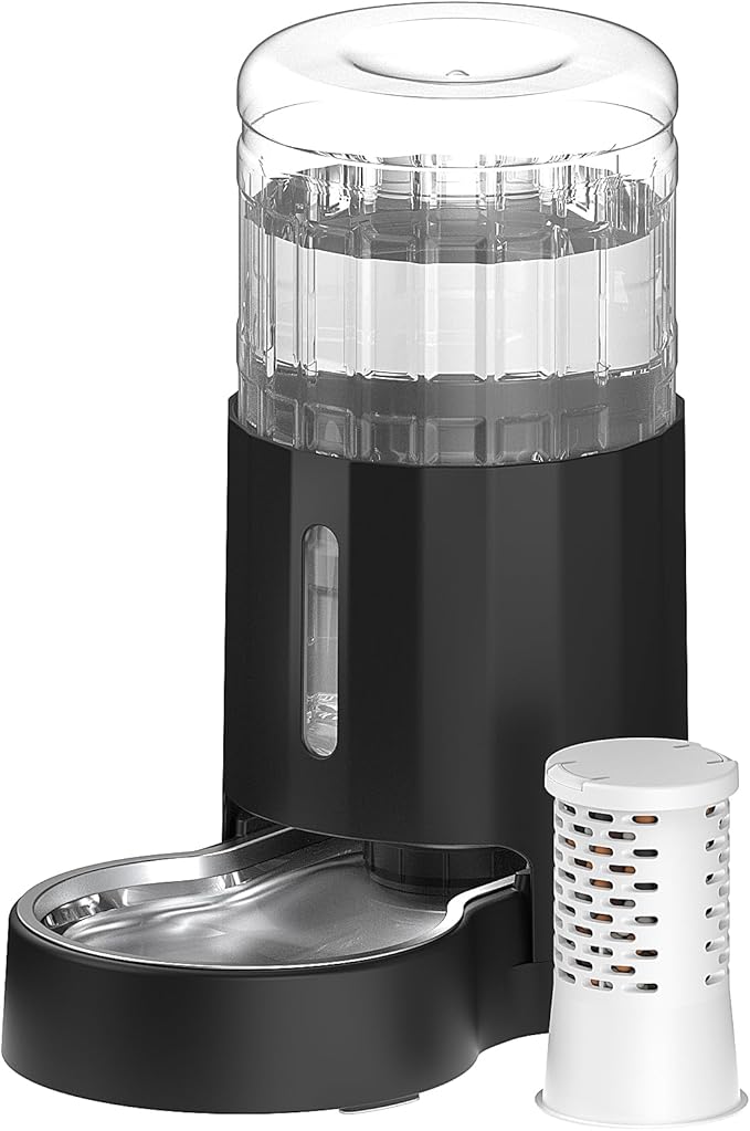 CZPET Automatic 5L Filter Dog and Cat Water Dispenser (Black) | Gravity Waterer with Stainless Steel Bowl, Large Capacity and Drinking Area Noise-Free for Pets