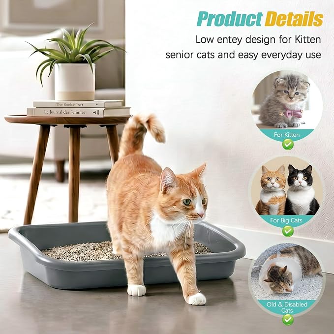 Uiifan 3 Pcs Extra Large Low Entry Cat Litter Box for Senior Kitty Pet Open Top Litter Box for Senior Kitten Handicap Disabled Older Elderly Cats, Easy to Clean(Gray,23.2 x 16.5 x 4.3 Inches)