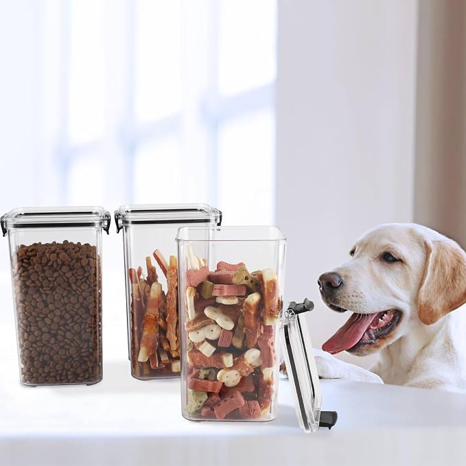 3Pack Pet Food Storage Containers, Airtight Dog Food Storage Container with Locking Clips, Dog Treat Container with a Stickers & Pen for Customizing , for Pet,Bird Seeds,Dog & Cat Treats(Black)