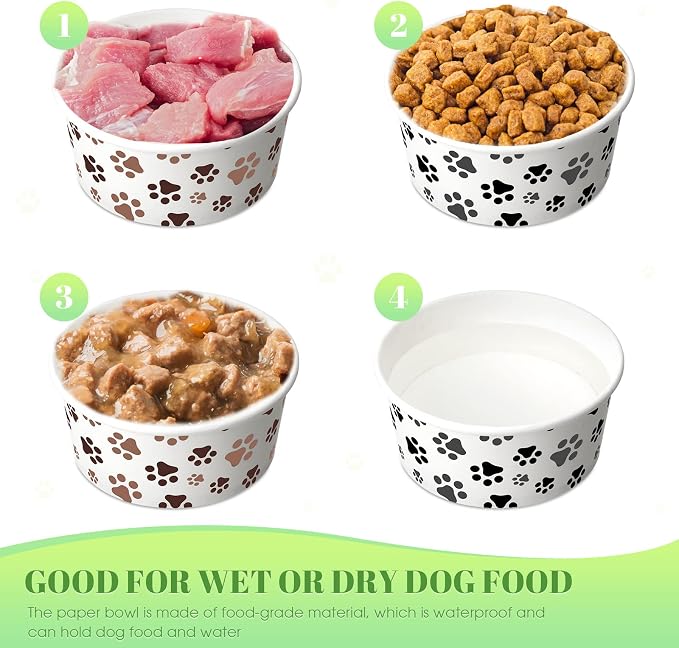 80 Packs Disposable Dog Bowls 12 Oz/1.5 Cup Pet Feeding Bowl for Small Dogs, Cats - Leakproof Paw Paper Pet Bowl for Wet Food, Water