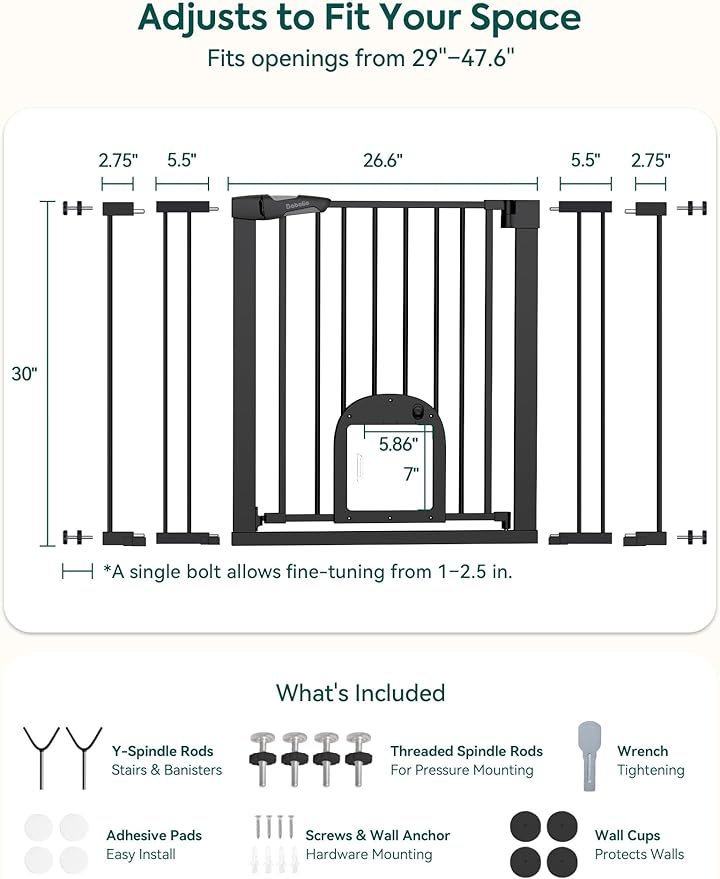 Babelio 29-48" Extra Wide Baby Gate with Adjustable Cat Door, CatPrivilege Ⅲ, Easy Install Pressure/Hardware Mounted, Auto Close Pet Door for Stairs, House, Doorways, Effortless Walk Thru, Black | Adjustable Small Pet Door, Easy Install Pressure/Hardwa...