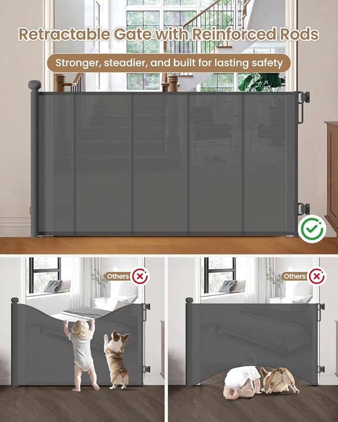 Retractable Gate Indoor, 71" Wide Reinforced Mesh Dog Gate | 34" Tall Retractable Mesh Baby Gate, One-Hand Use, Baseboard Fit, 6 Strong Rods, for Kitchen, Living Room & Playroom, Gray