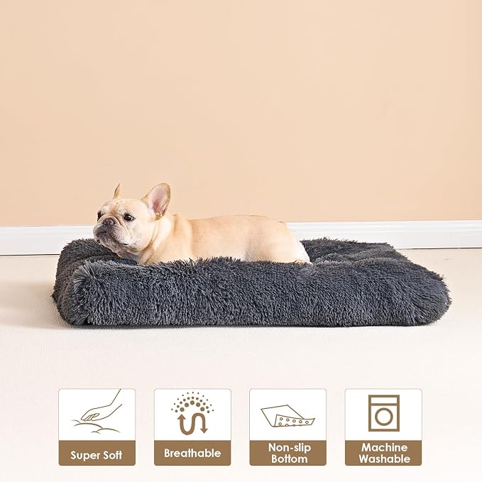 EHEYCIGA Fluffy Dog Crate Bed for Extra Large Dogs, Plush Faux Fur XLP Pad, Calming Anti Anxiety XL Plus Bed for Crate, Washable Soft Warm Dog Mat with Non-Slip Bottom, Dark Grey