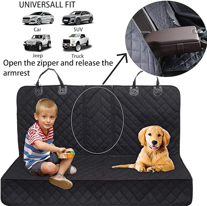 BESULEN Dog Car Seat Cover Waterproof Back Seat Protector Orange Edge | Oxford cloth with grid texture, buckle strap setup, anchor support, fits most cars, SUVs, and trucks, car accessories
