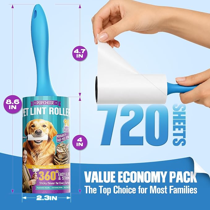 POPCHOSE Lint Roller for Pet Hair Extra Sticky, 720 Sheets | Dog and Cat Hair Remover for Clothes, Furniture, Couch, Lint Roller for Carpet
