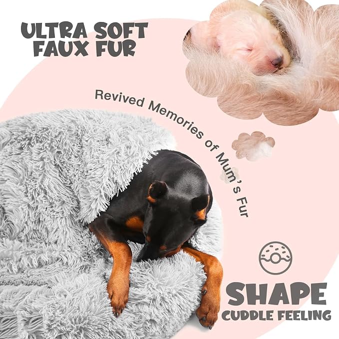 Himax Covered Large Dog Bed with Blanket Attached Calming Burrow Light Grey | 35in Anti-Anxiety Donut dog bed with cover, Washable Round Fluffy Pet& Cat Beds for Indoor