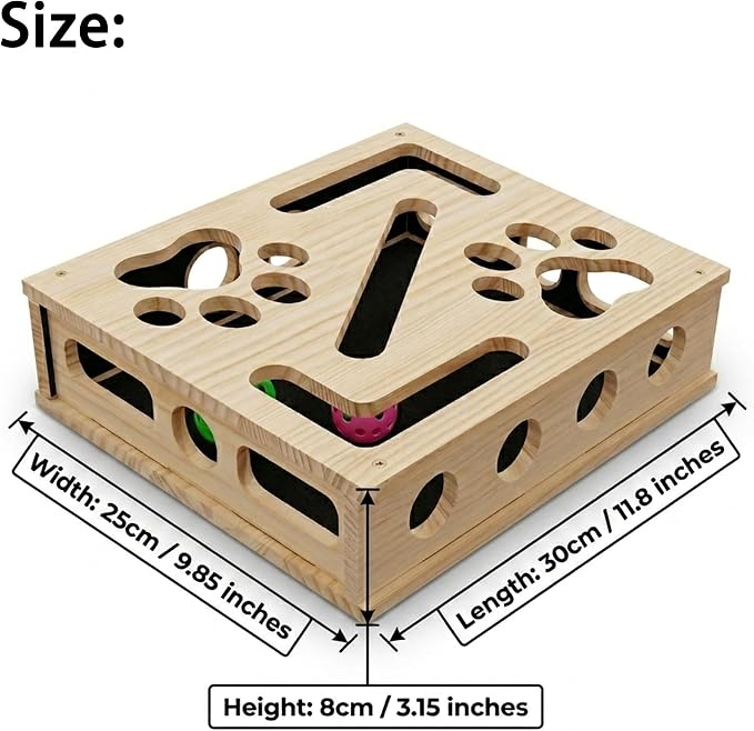 Cat Scratch Puzzle Enrichment Box, Large Solid Wood Cat Nail File Box with Sandpaper and 3 Bell Balls, Stress Free Alternative to Clippers & Grinders, Interactive Cat Toy for Indoor Cats Claw Care (A)