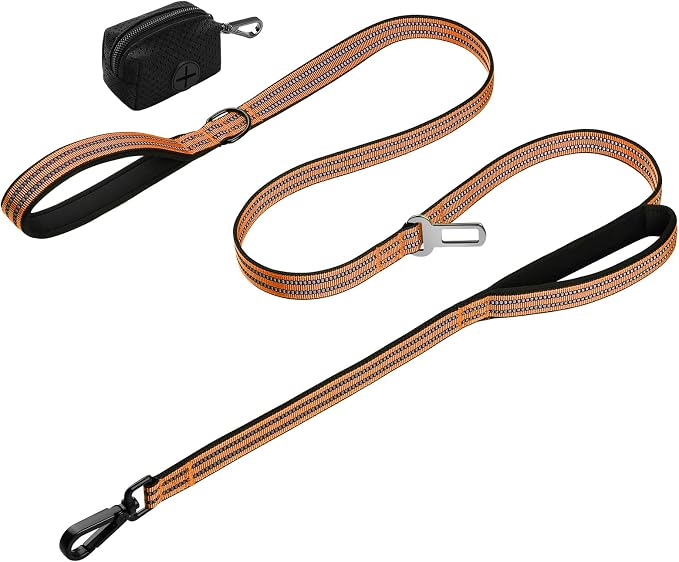 Double Handle Dog Leash with Poop Bag Holder and Car Seat Belt Buckle | Heavy Duty | Double Handle | with Poop Bag Holder | with Car Seat Belt Buckle | Reflective | Lightweight