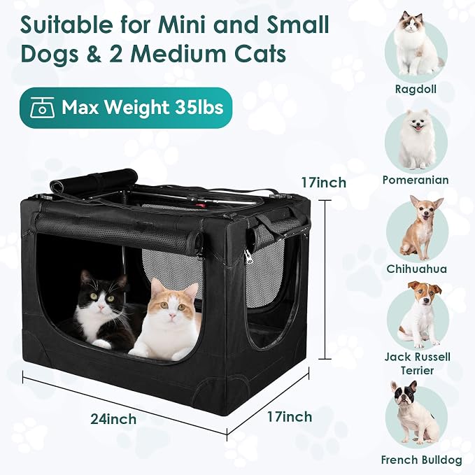 Soft Small Dog Crate - 24 inch Portable Travel Puppy Crate for Small Pets or 2 Cats, Collapsible Pet Carrier with 4 Mesh Doors, Car Kennel for Dogs with Handle for Indoor and Outdoor, Black