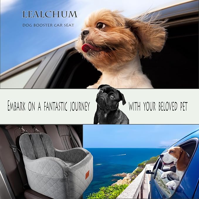 Lealchum Dog Booster Car Seat for Small/Medium Dogs Up to 35lbs,Ultra Soft Fabric Covered,6in Elevated Cushion,Fully Detachable and Washable,3 Straps & 2 Pockets,Easy to Install(Grey,Medium)