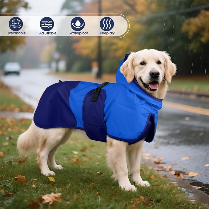 BRKURLEG Dog Raincoat, Waterproof Rain Jacket with Hood, Blue, XL | Adjustable Windproof Rainproof Jacket with Leash Hole, Reflective Breathable Rain Coat Poncho, for Small to Large Dogs