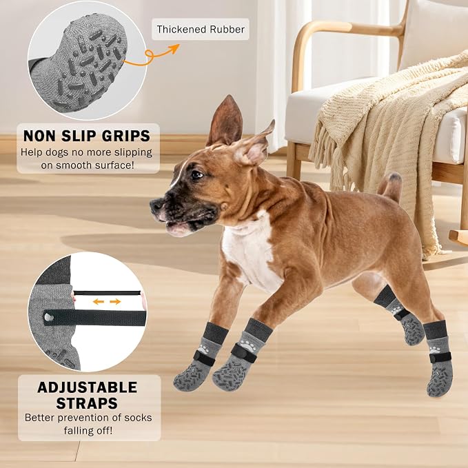 SCENEREAL Dog Socks to Prevent Licking Paws for Hot/Cold Pavement, Anti Slip High Top Dog Grip Socks for Hardwood Floors, Dog Shoes Booties&Paw Protector for Small Medium Large Senior Dog, Grey L