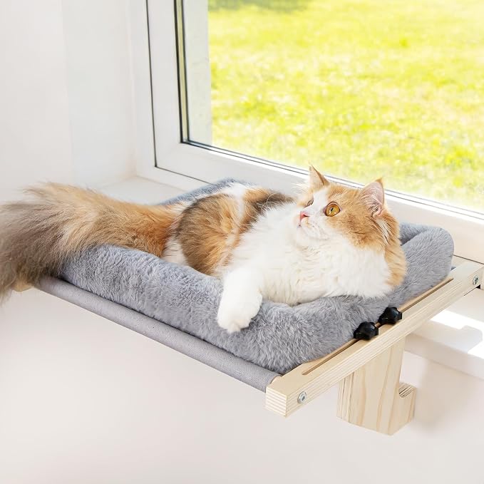 Cat Sill Window Perch - 100% Natural Pine Frame, Soft Plush Fleece, Tool-Free Adjustment, Supports 40 lbs (Medium-Grey)