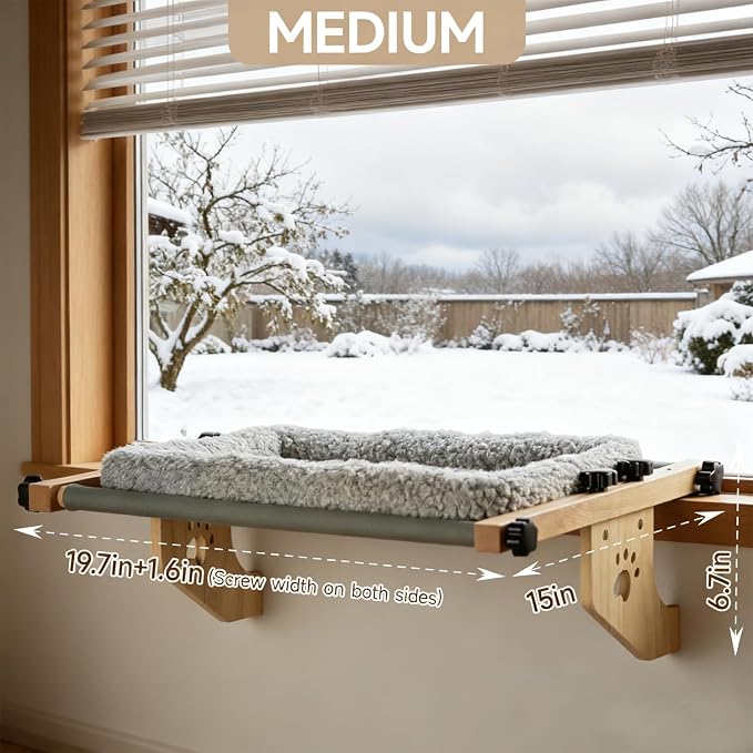 Cat Window Perch- Adjustable Sill Fit,Renter-Safe,Wood-Metal Frame Sturdy Hammock No Drilling,Washable Bed Cover,Tool-Free Install for Indoor Cats,Ideal for Small Spaces & Multi-Cat Families(Grey,M)