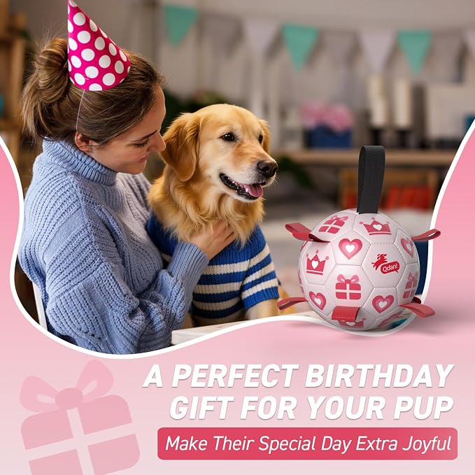 QDAN Valentines Gift Dog Toys, 8 Inch Dog Soccer Ball with Straps, Pink | Interactive Tug of War Toy, Puppy Birthday Gifts, Water Toy, Durable Dog Balls for Medium Large Dog, Outdoor Herding Balls