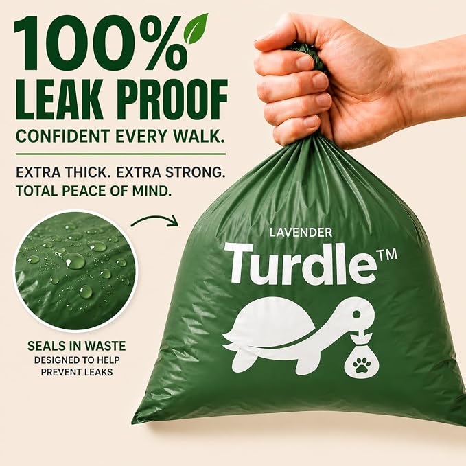 Turdle Compostable Dog Poop Bags Rolls, Lavender Scented, 270 Count | Extra thick, leak proof doggy poop bags & pet waste bags. No added PFAS, plant-based. Compostable dog waste bags. 15/roll.