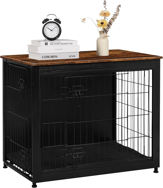 DWANTON Dog Crate Furniture with Cushion, Wooden Kennel Table with Double Doors, Indoor Dog House, Medium Size, 32.5" L, Black+Rustic Brown