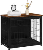 DWANTON Dog Crate Furniture with Cushion, Wooden Kennel Table with Double Doors, Indoor Dog House, Medium Size, 32.5" L, Black+Rustic Brown