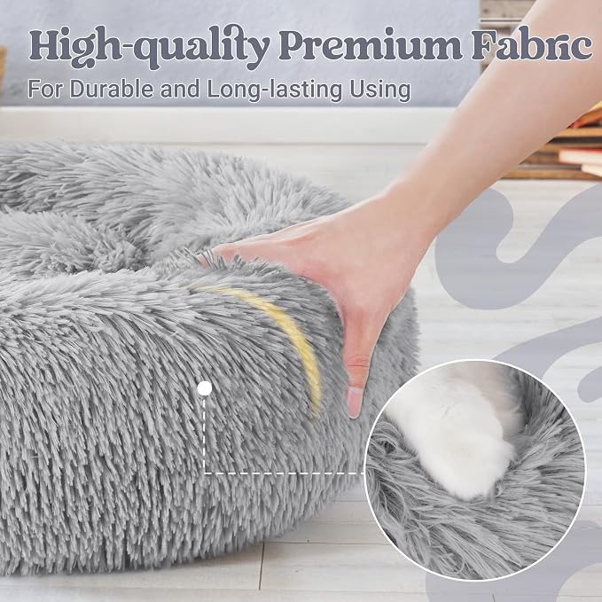 rabbitgoo Calming Cat Beds for Indoor Cats, 23 inches, Light Grey | Soft Warm Donut, Fluffy Faux Fur, Supportive Raised Rim, Anti-slip, Machine Washable, Up to 25lbs Cats & Small Dogs