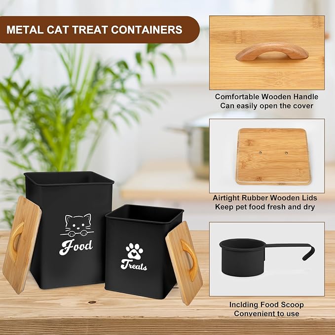 Cat Food Storage Container with Scoop, 2PCS Cat Food Storage Container with Lids Airtight, Cat Treat Jars for Kitchen Counter-7+3Lbs, Cat Cookie Jar for Storage, Black