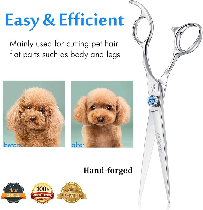 JASON Dog Grooming Scissors Shears - 7" Straight Ergonomic Pet Trimming Kit | Premium Cats Shear with Offset Handle and Jewelled Screw, Sharp, Comfortable, Gift