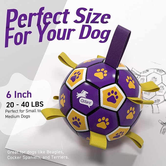 QDAN Dog Balls Toys, Soccer Ball with Straps, Herding Ball Toy, Puppy Toy | 6 Inch Puppy Water Pool Toy, Durable Balls for Dogs for 20-40 lbs Dog, Outdoor Herding Balls for Small Medium Dogs