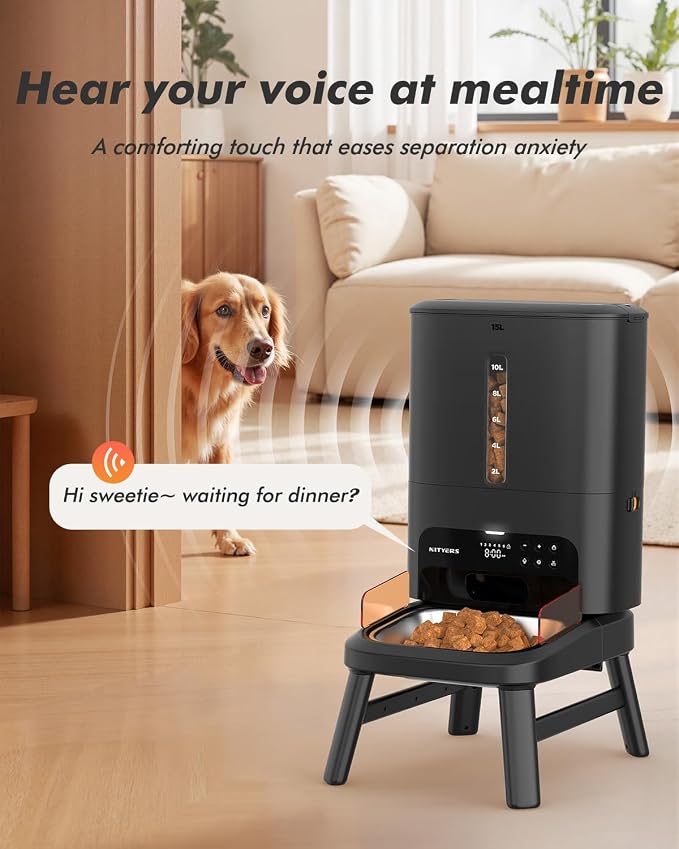 Automatic Dog Feeder for Large Breed - 15L/ 63 Cups Anti-Clog Dog Food Dispenser for 2-23mm Kibble, Elevated Stand, Large Food Tray, Dual Power, Up to 50 Portions 6 Meals Per Day, Keeps Fresh